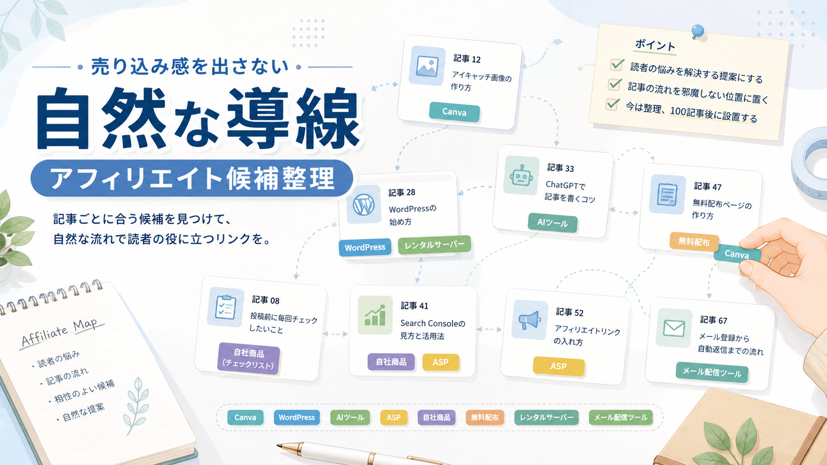 複数の記事カードにCanvaやWordPress、AIツールなどのアフィリエイト候補タグを自然に整理したアイキャッチ画像