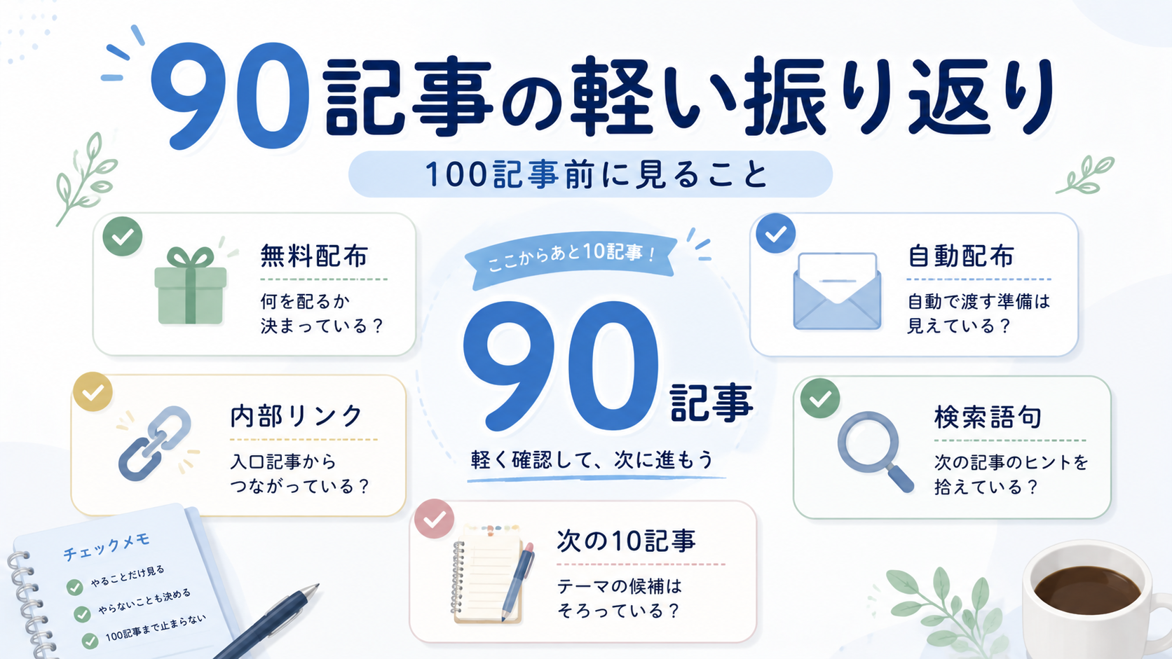 90記事まで来たブログ運営で100記事前に確認する無料配布や内部リンクなどのポイントを整理したアイキャッチ画像