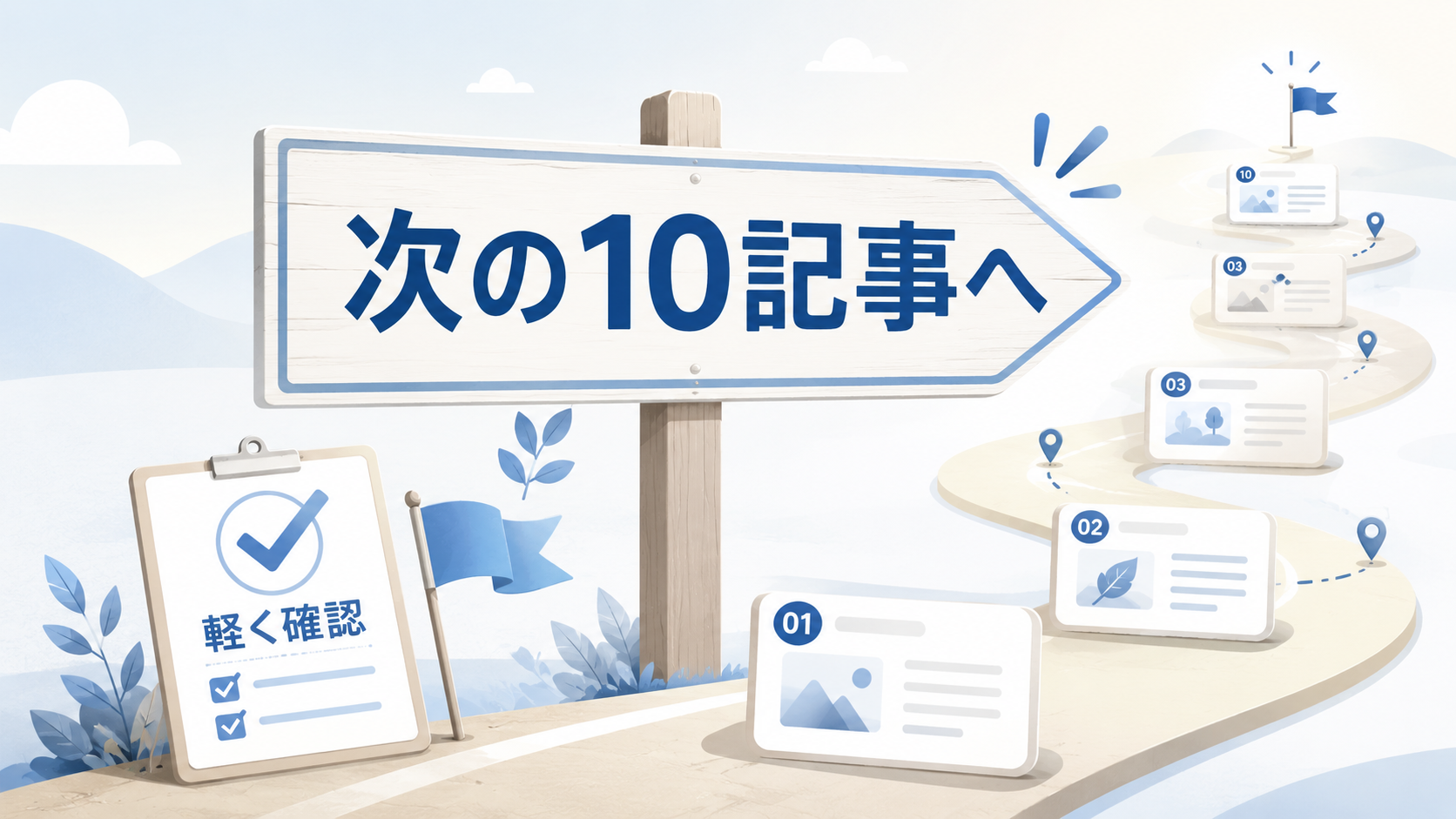 ブログ記事が増えてきたときに次の10記事へ進む前の確認ポイントをロードマップ風に整理したアイキャッチ画像