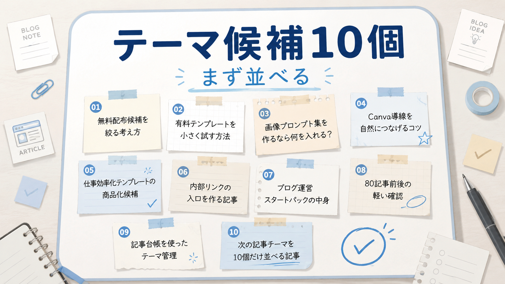 次の記事テーマに迷ったときに候補を10個並べて整理する様子を描いたアイキャッチ画像