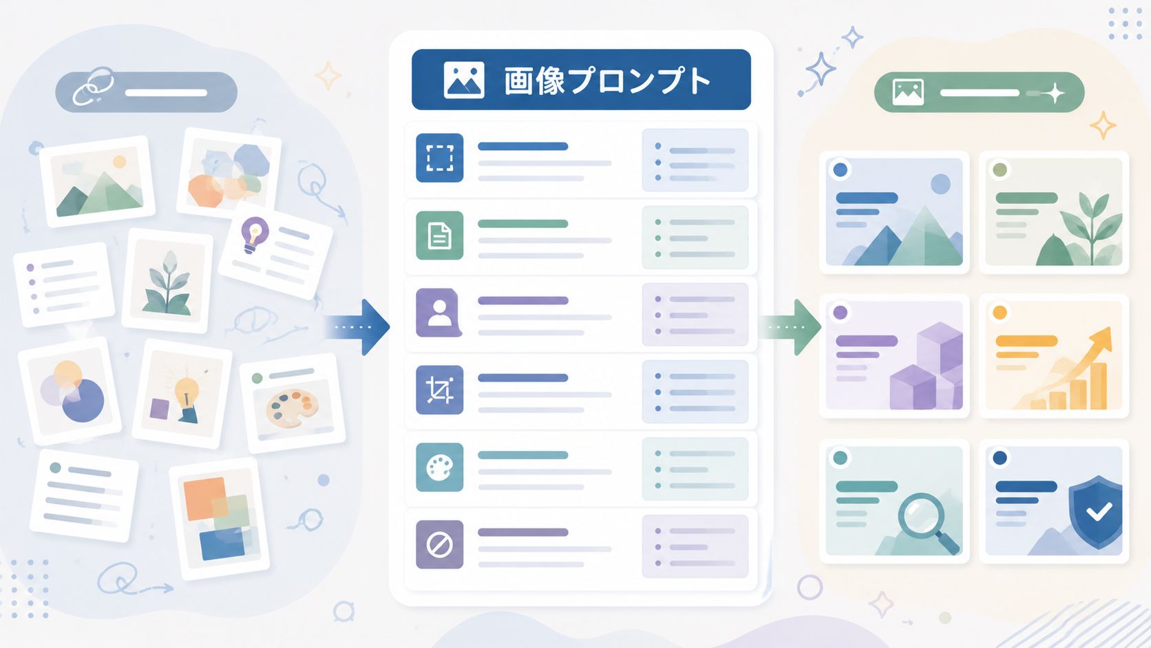 未整理の画像アイデアが画像生成プロンプトテンプレートによってアイキャッチ画像案に整理される様子