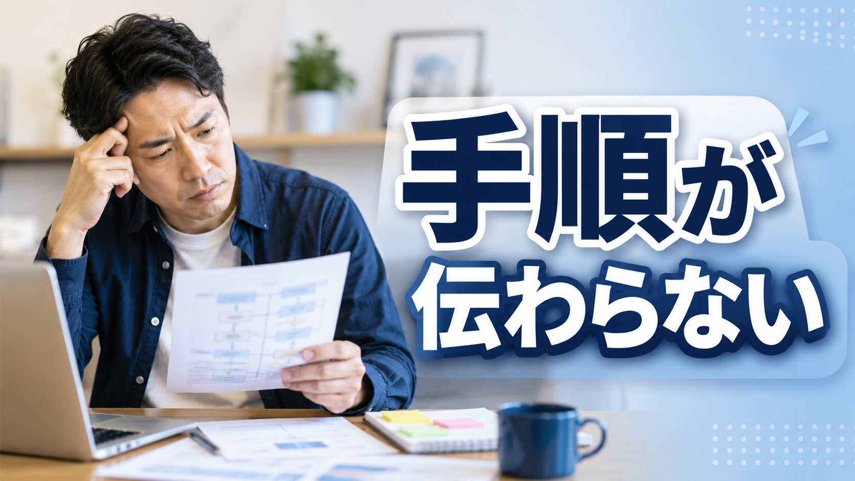 仕事の手順が伝わらず悩む実務者が、ChatGPTで業務マニュアルを作るイメージ