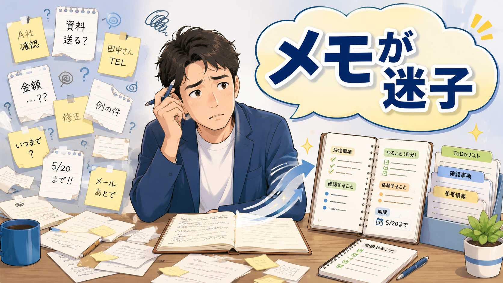 散らかった作業メモをChatGPTであとから使える形に整理するイメージ
