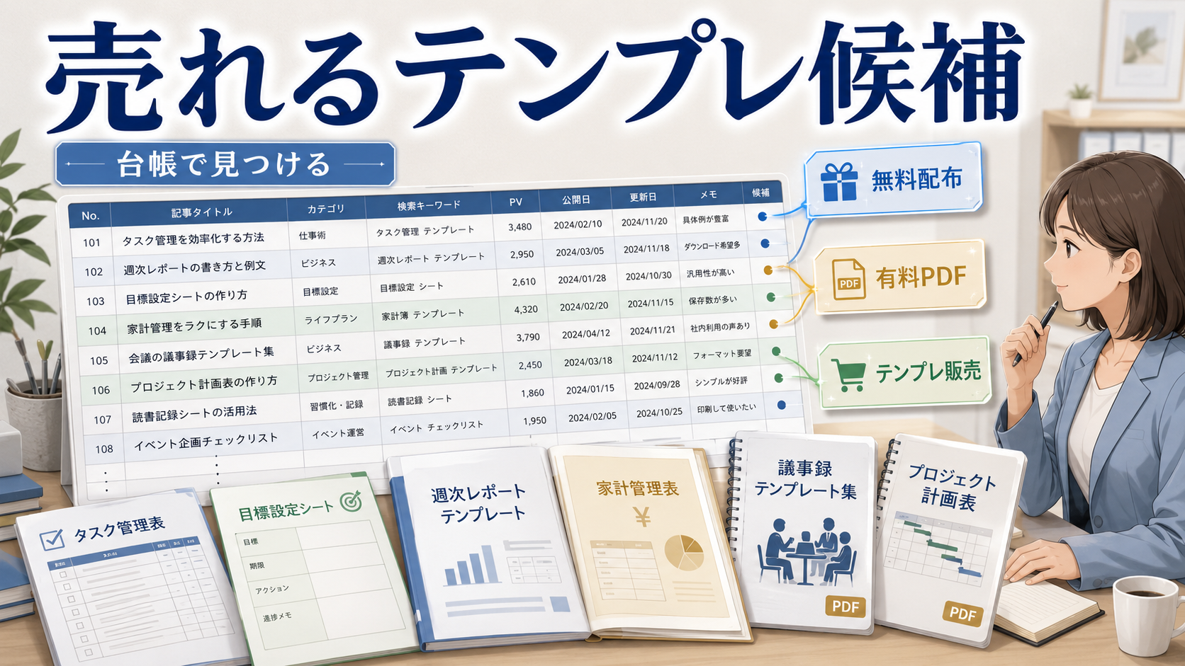 記事台帳から無料配布や有料テンプレート候補を見つけて整理しているアイキャッチ画像