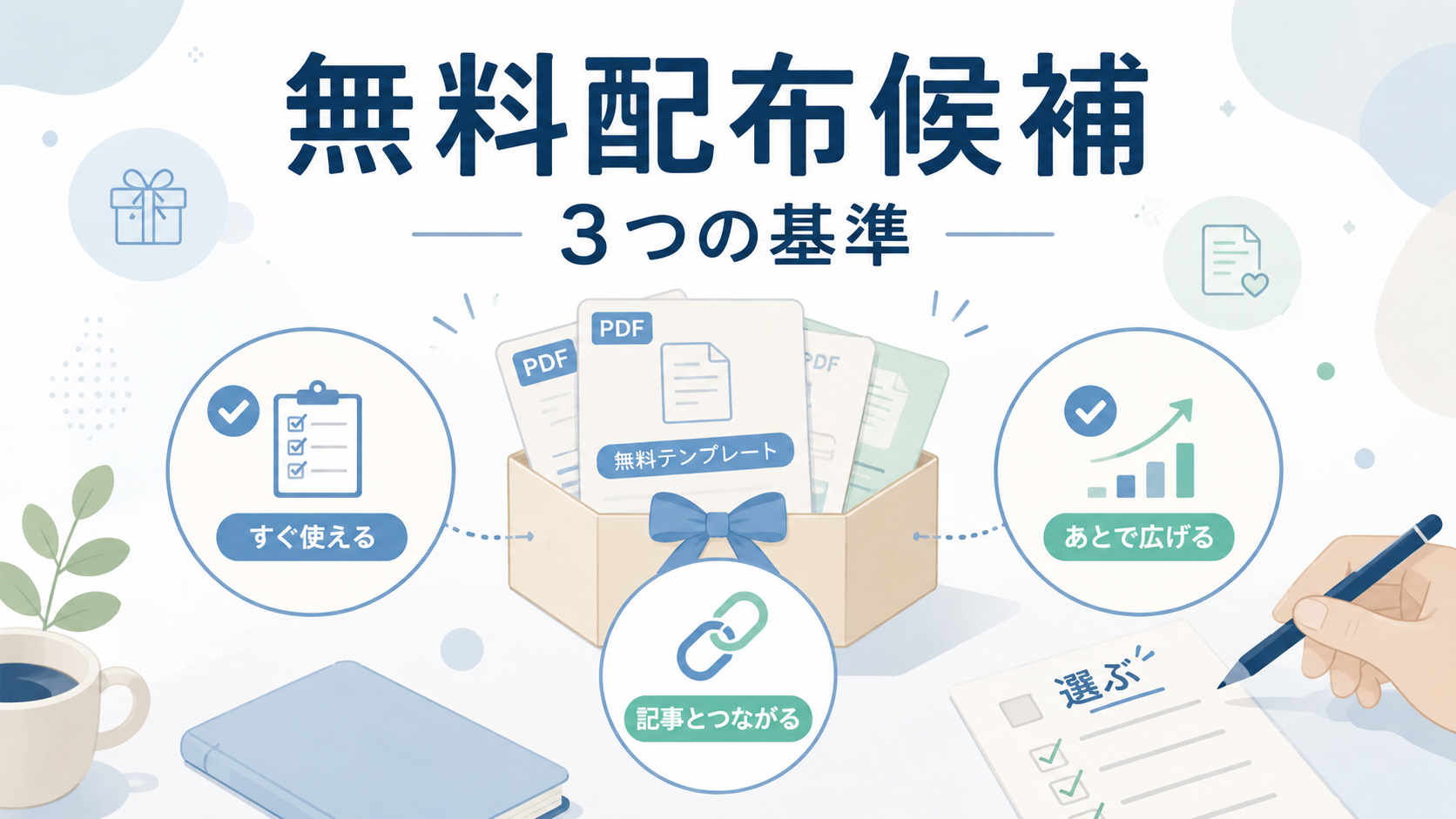 無料配布候補の中から最初に作るものを3つの判断基準で選ぶ様子を描いたアイキャッチ画像