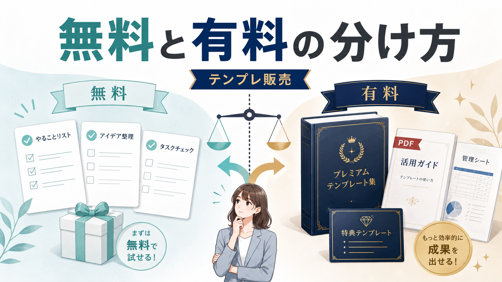 無料テンプレートと有料テンプレートの違いや分け方を左右のカードで整理したアイキャッチ画像