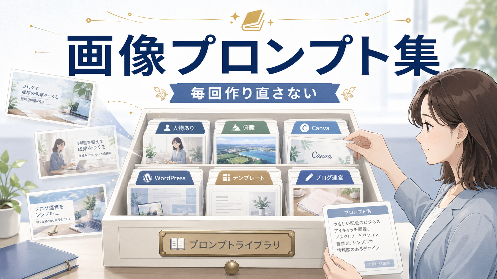 画像生成プロンプトをカードやライブラリとして整理している様子を描いたアイキャッチ画像