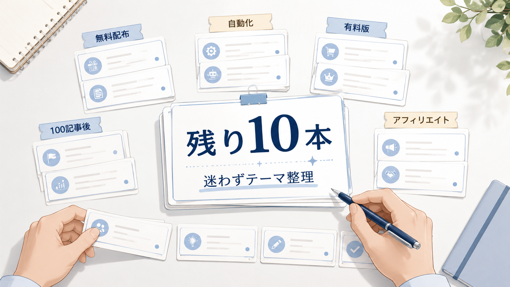 100記事まで残り10本のブログ記事テーマを無料配布や自動化、有料版などのカテゴリ別カードで整理しているアイキャッチ画像