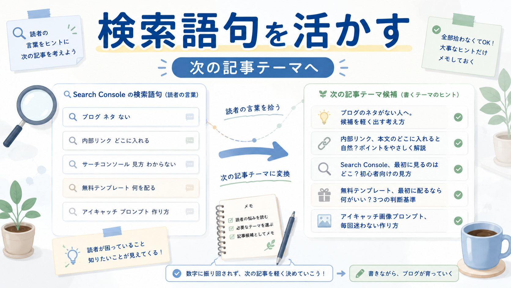 Search Consoleの検索語句から次の記事テーマ候補を考えているアイキャッチ画像